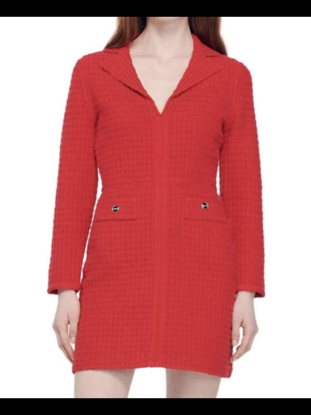 NWT Sandro Yvonne Red Boucle Tweed Stretch Knit Dress Collar V-Neck